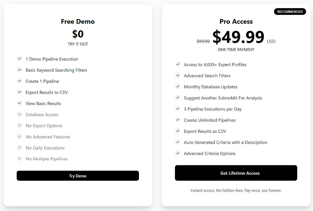 Pricing screenshot