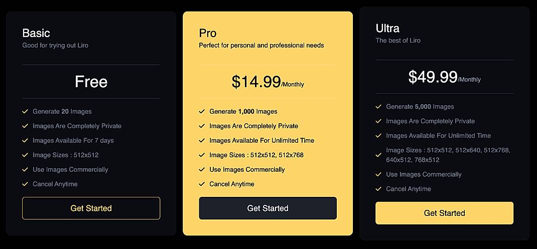 Pricing screenshot