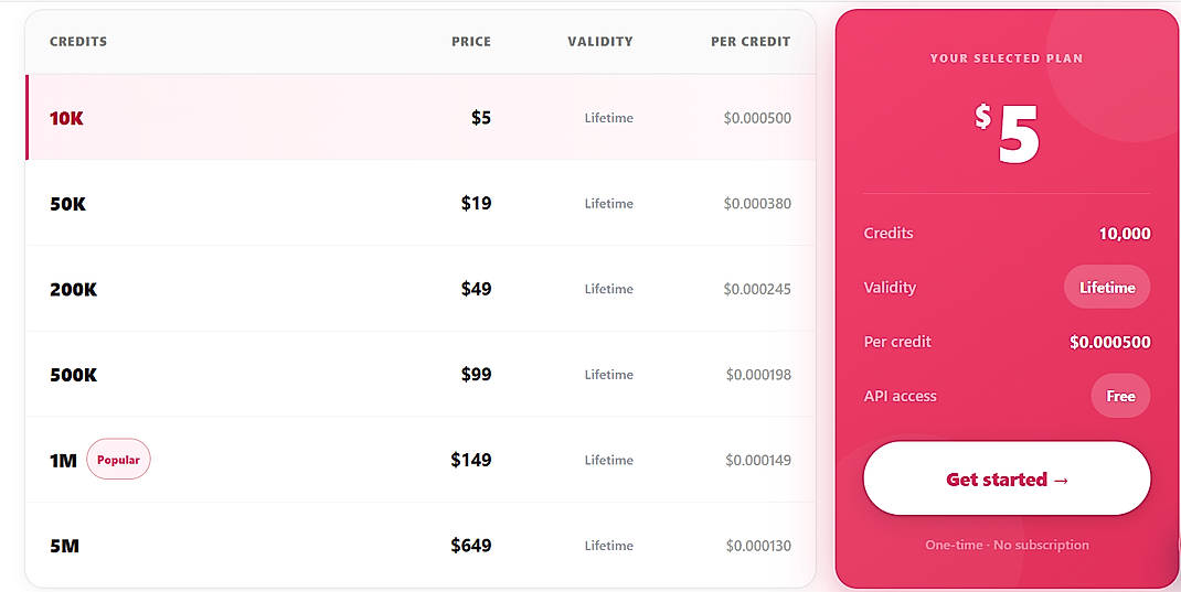 Pricing screenshot