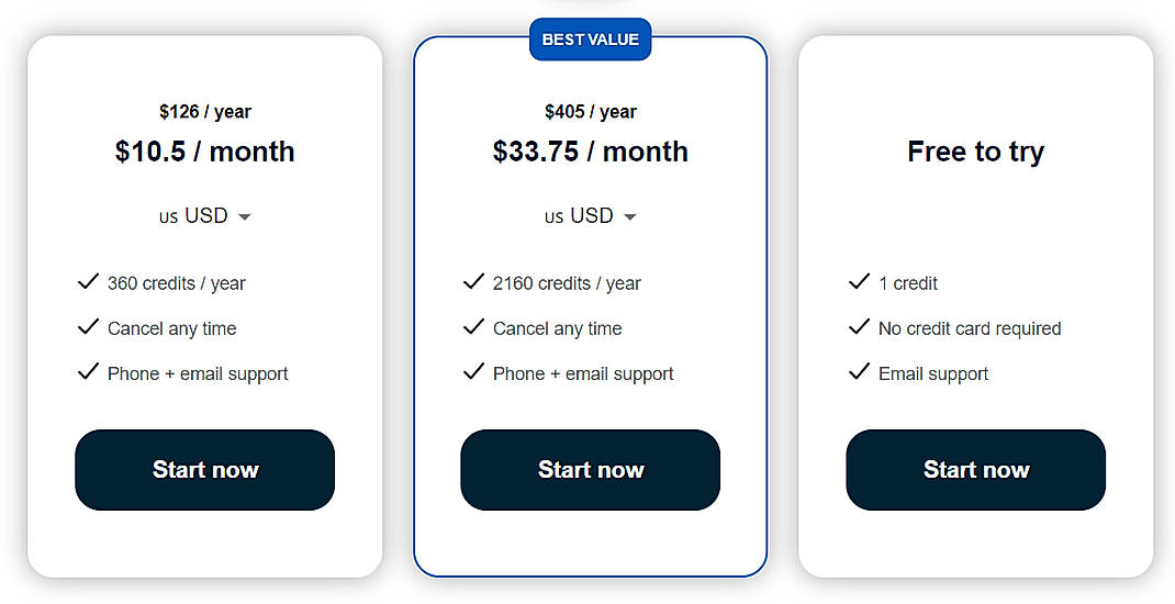 Pricing screenshot