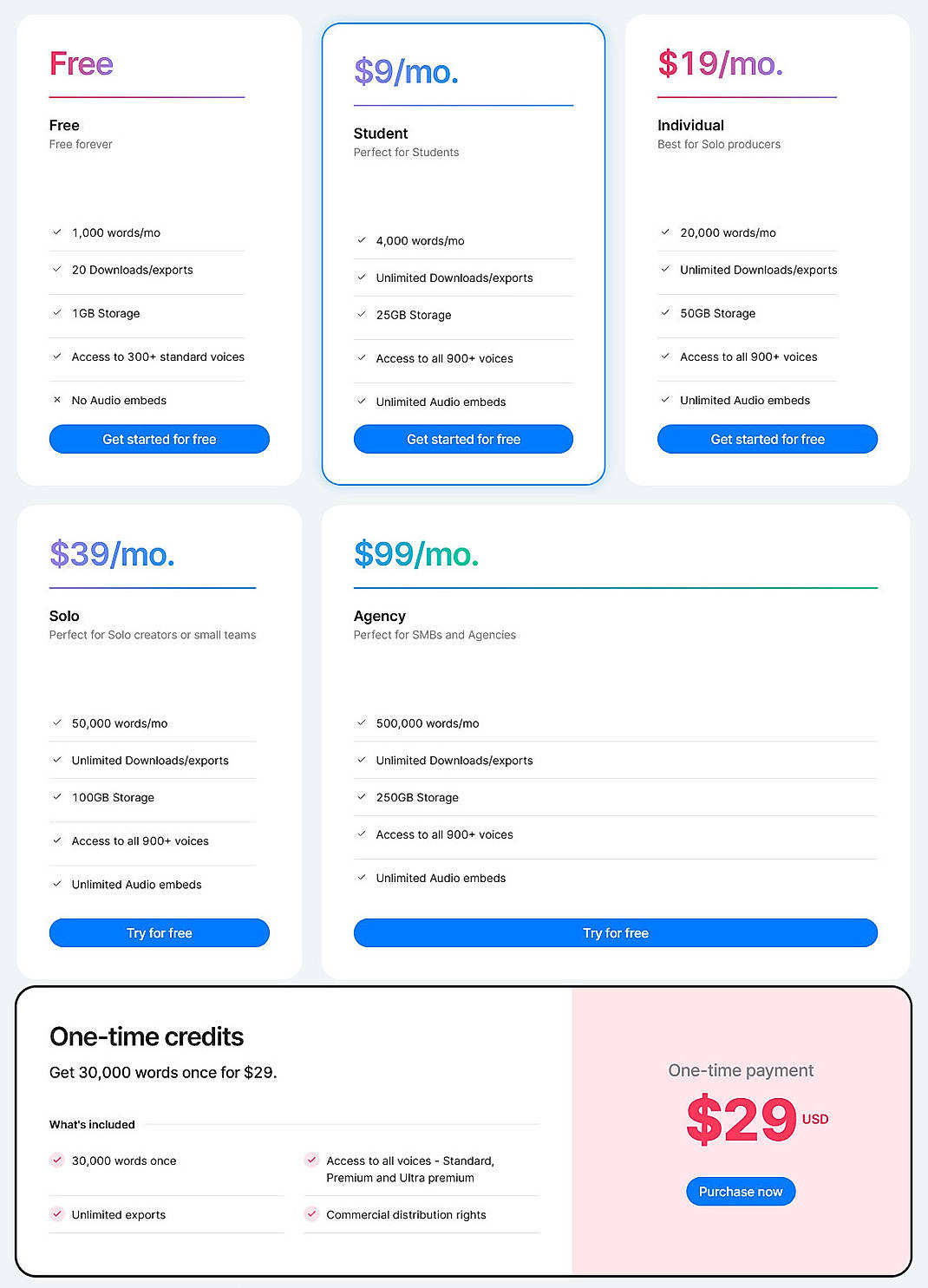 Pricing screenshot