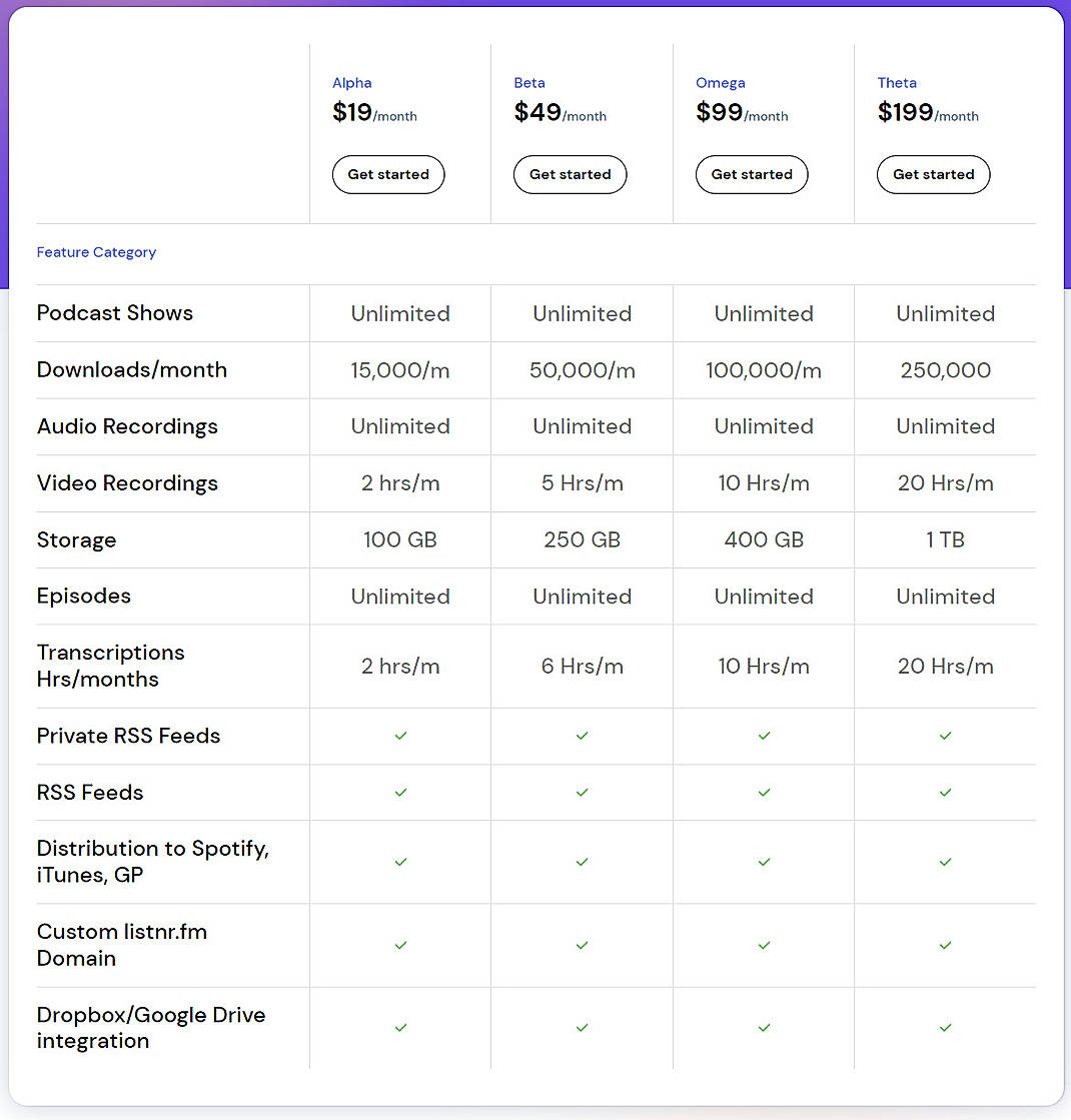 Pricing screenshot