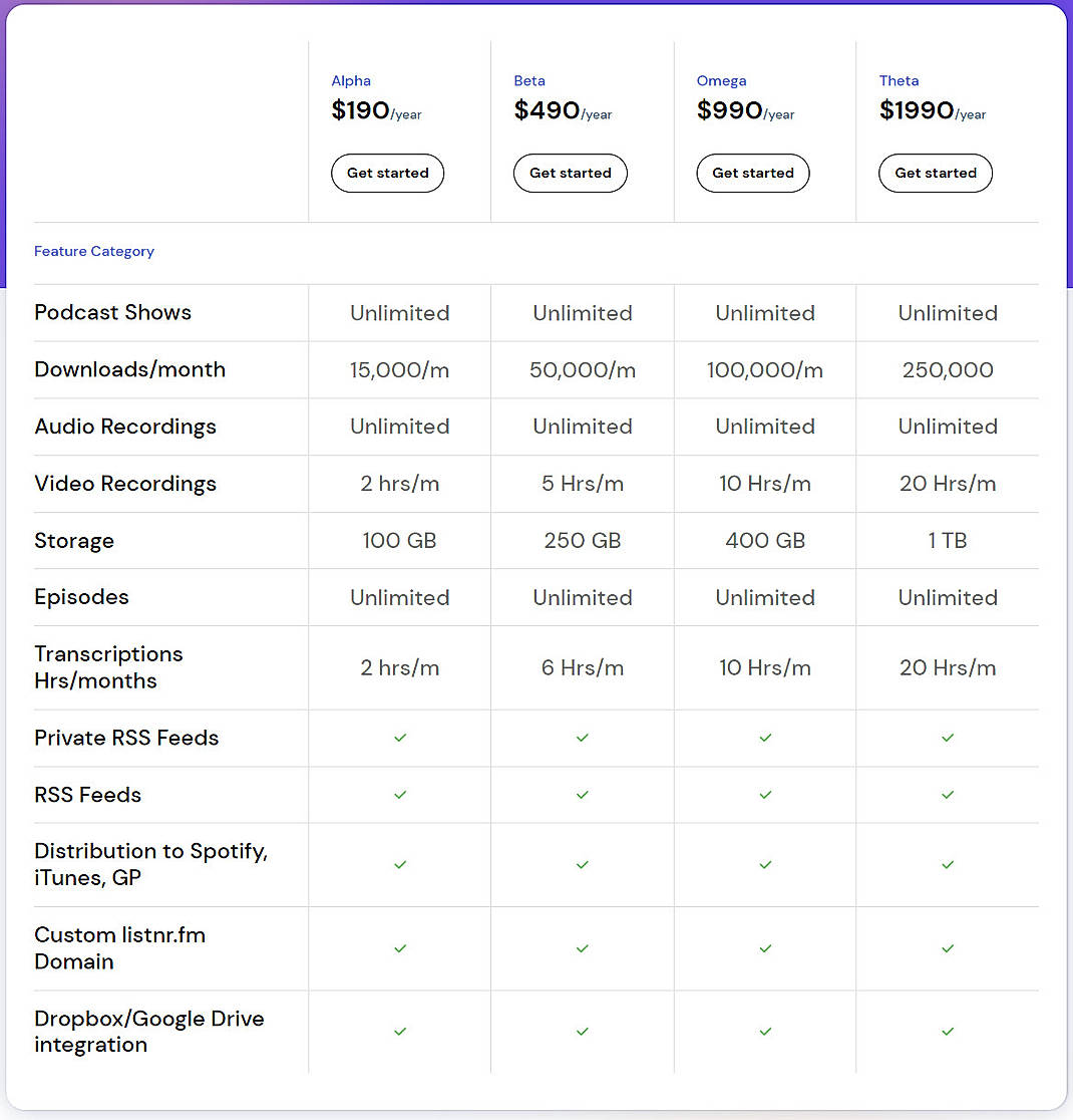 Pricing screenshot