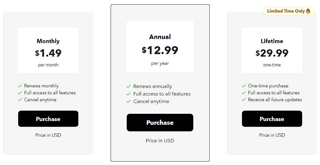 Pricing screenshot