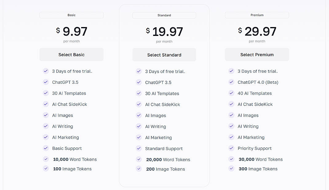 Pricing screenshot