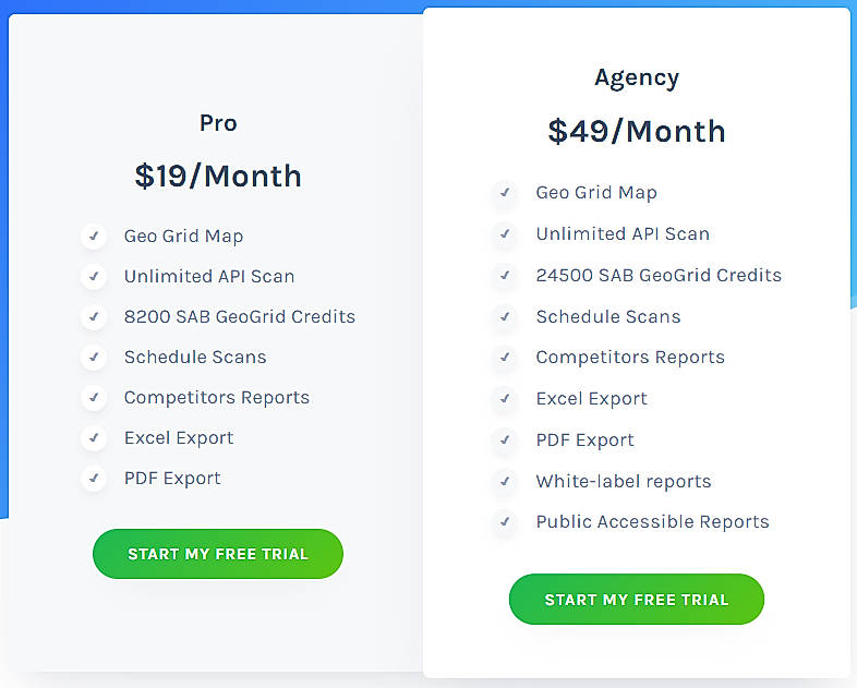 Pricing screenshot