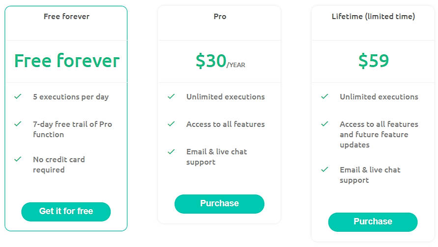 Pricing screenshot