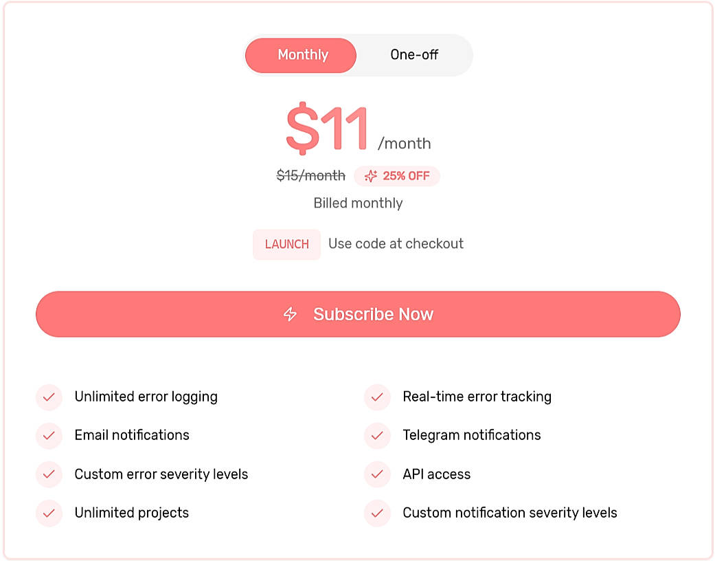 Pricing screenshot