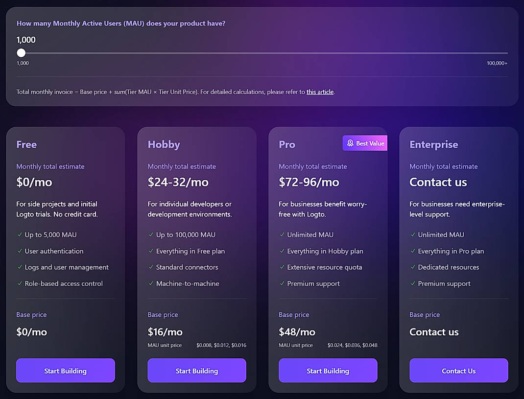 Pricing screenshot