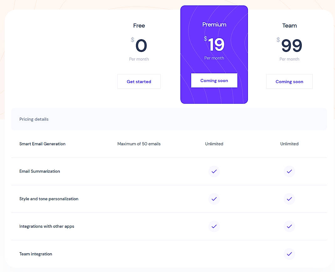 Pricing screenshot