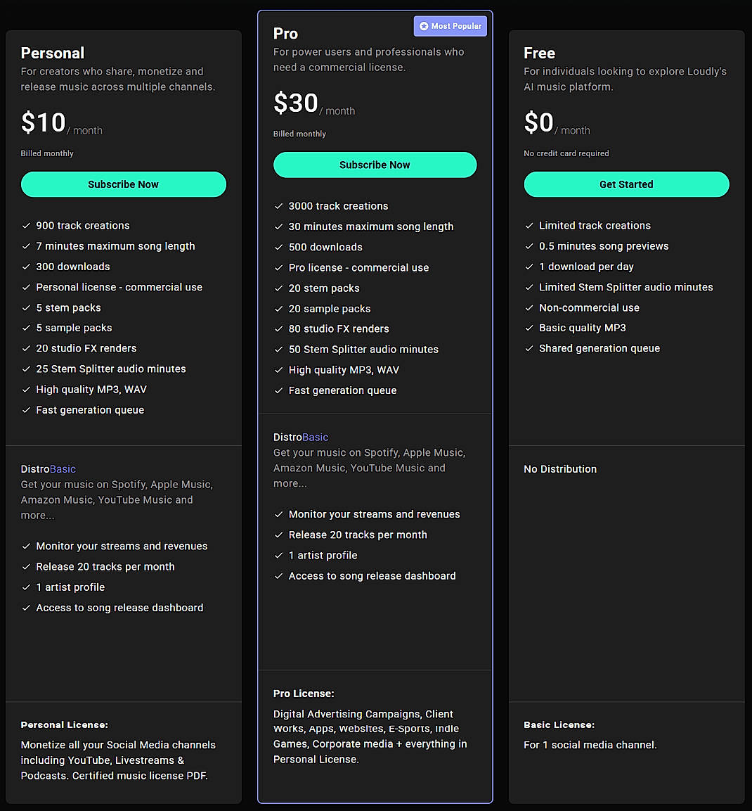 Pricing screenshot