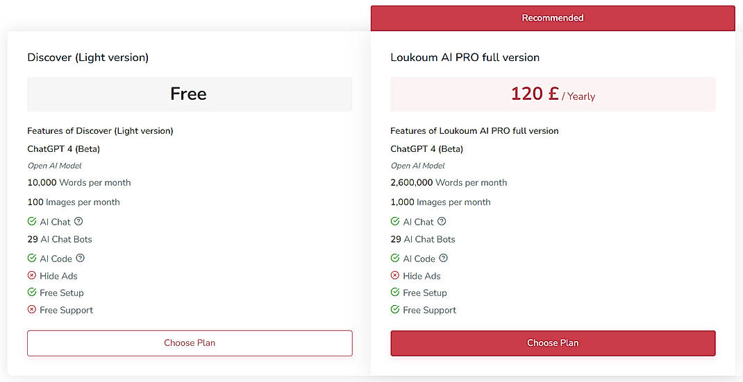 Pricing screenshot