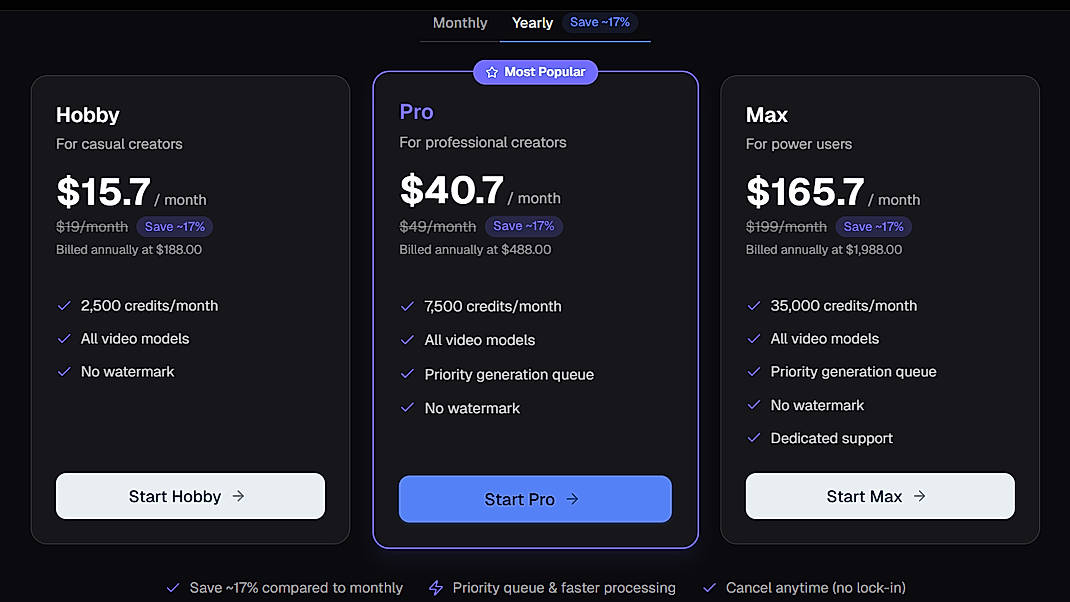 Pricing screenshot