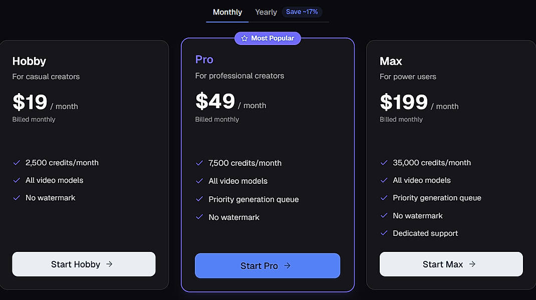 Pricing screenshot