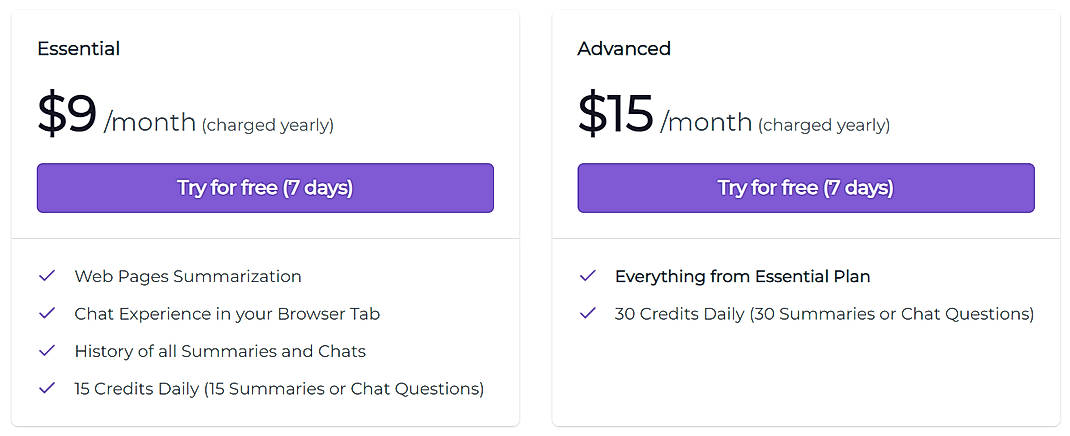 Pricing screenshot