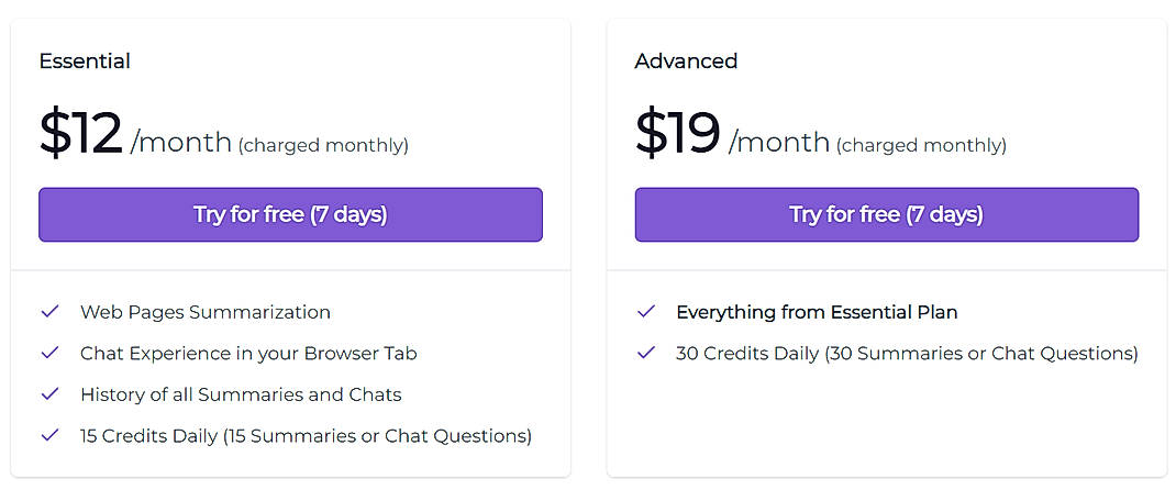 Pricing screenshot