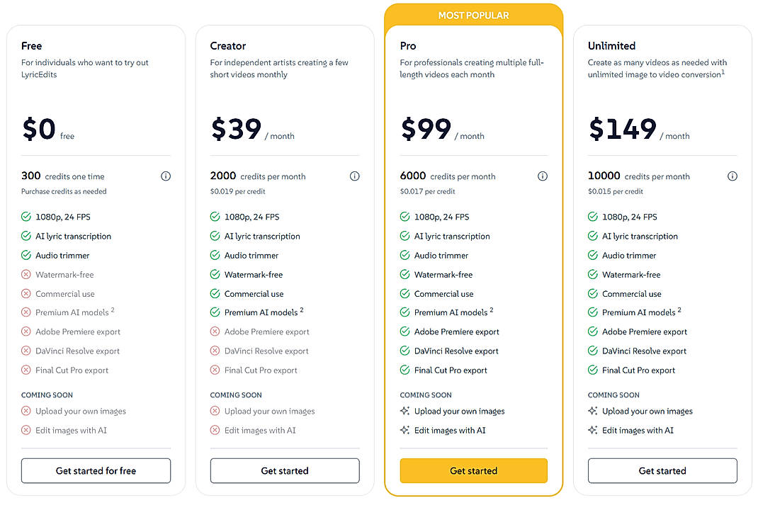 Pricing screenshot