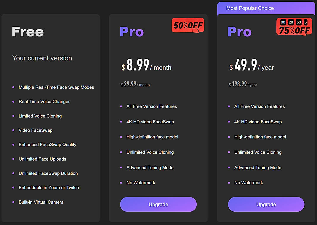 Pricing screenshot