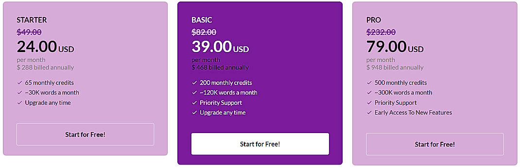 Pricing screenshot
