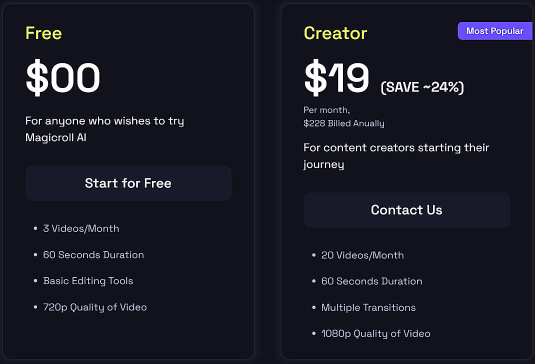 Pricing screenshot
