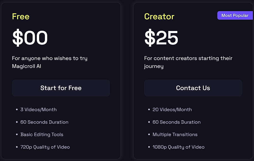Pricing screenshot