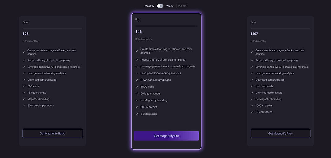 Pricing screenshot