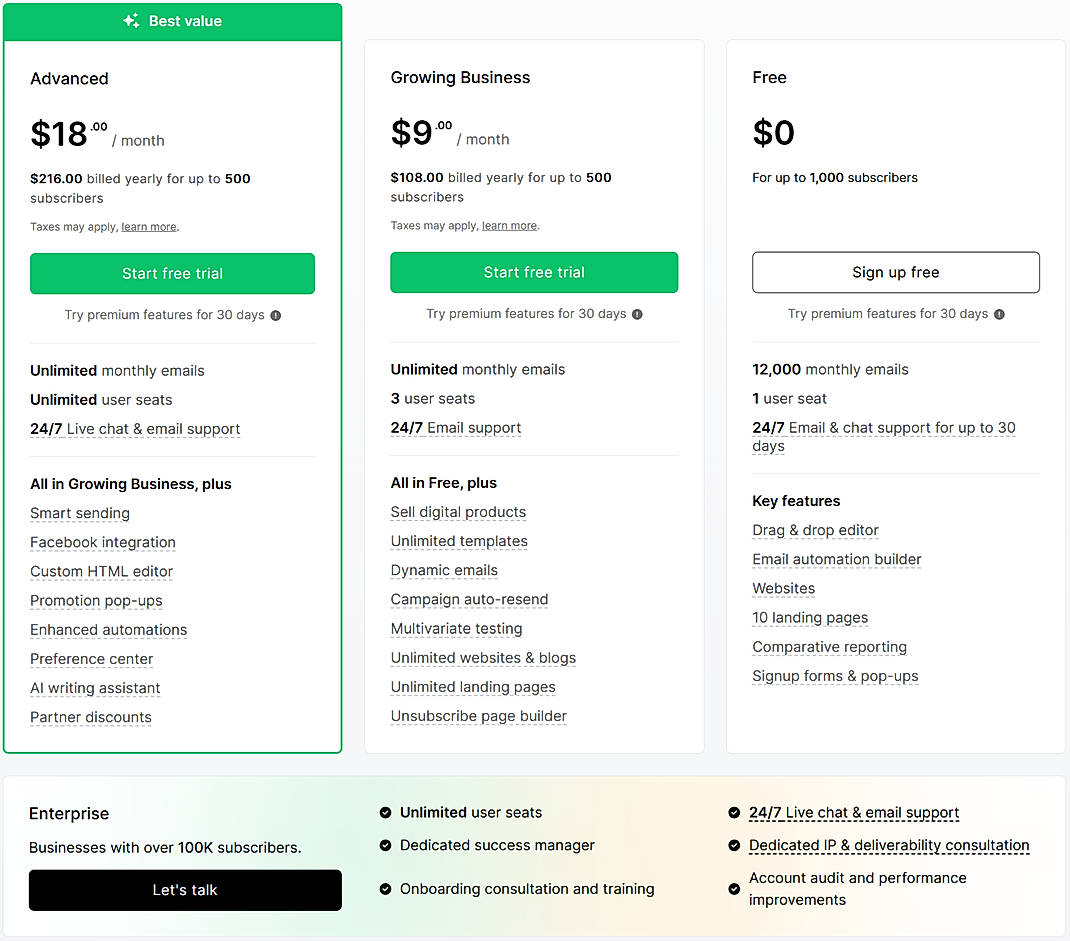 Pricing screenshot