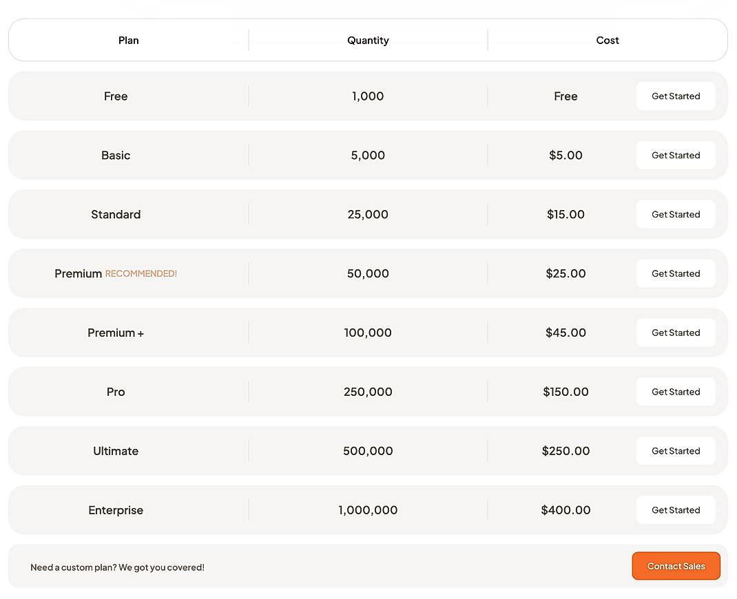 Pricing screenshot