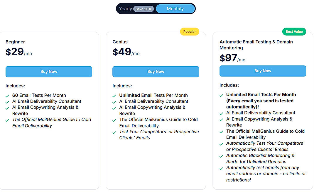 Pricing screenshot
