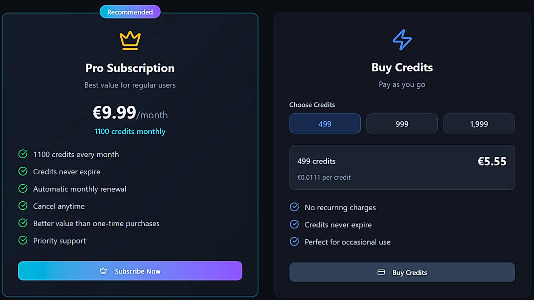 Pricing screenshot