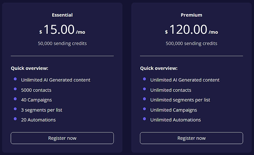 Pricing screenshot