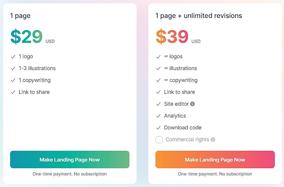 Pricing screenshot