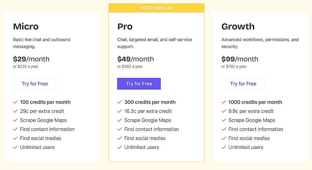 Pricing screenshot