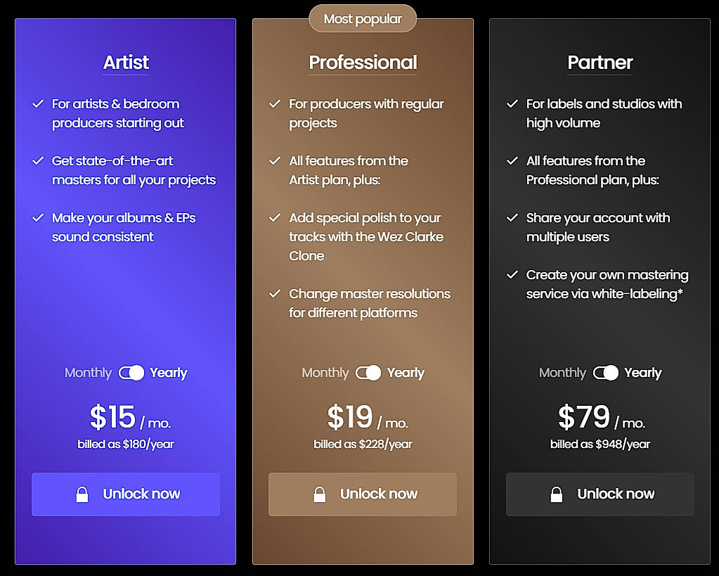 Pricing screenshot