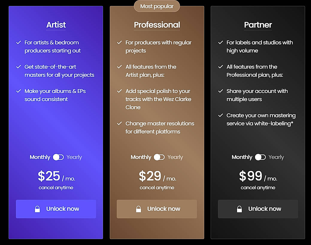 Pricing screenshot