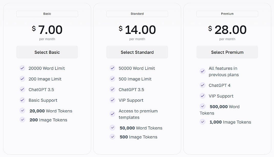 Pricing screenshot