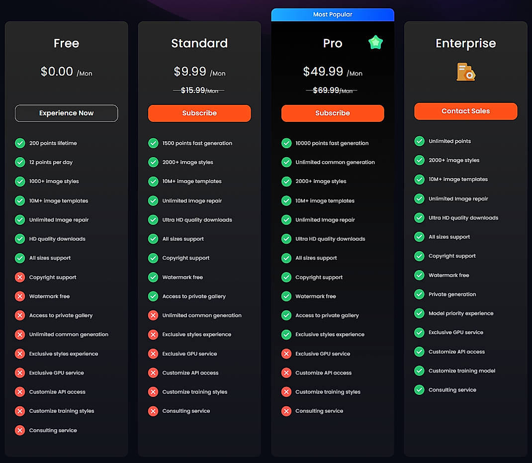 Pricing screenshot
