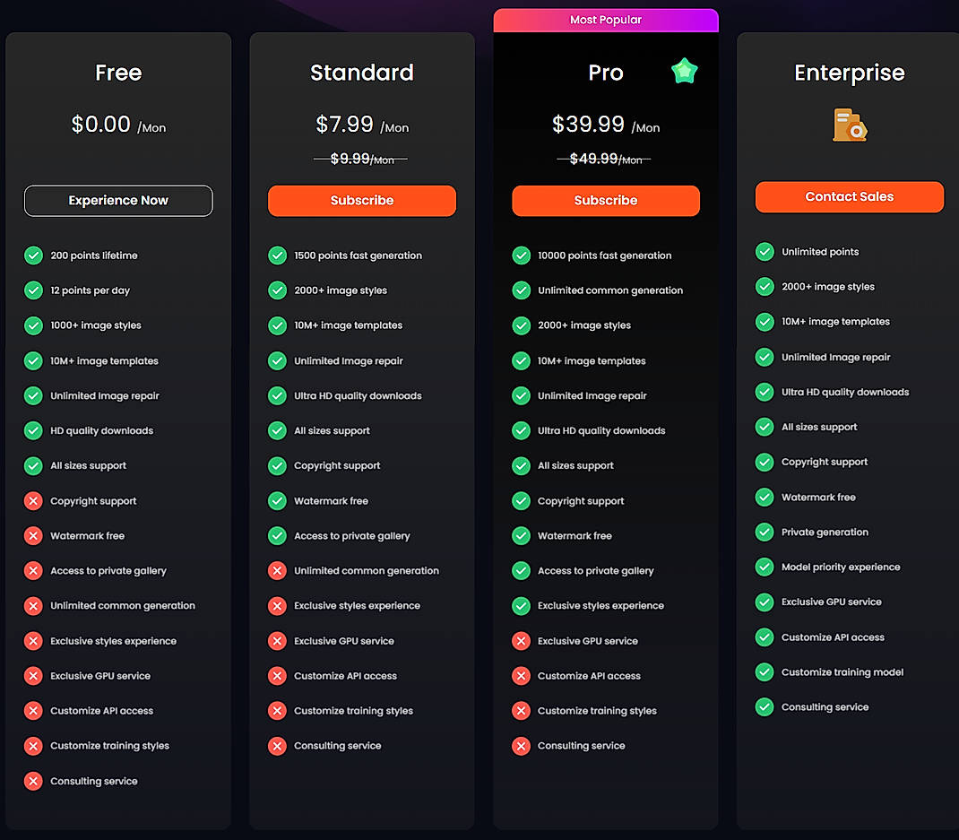 Pricing screenshot