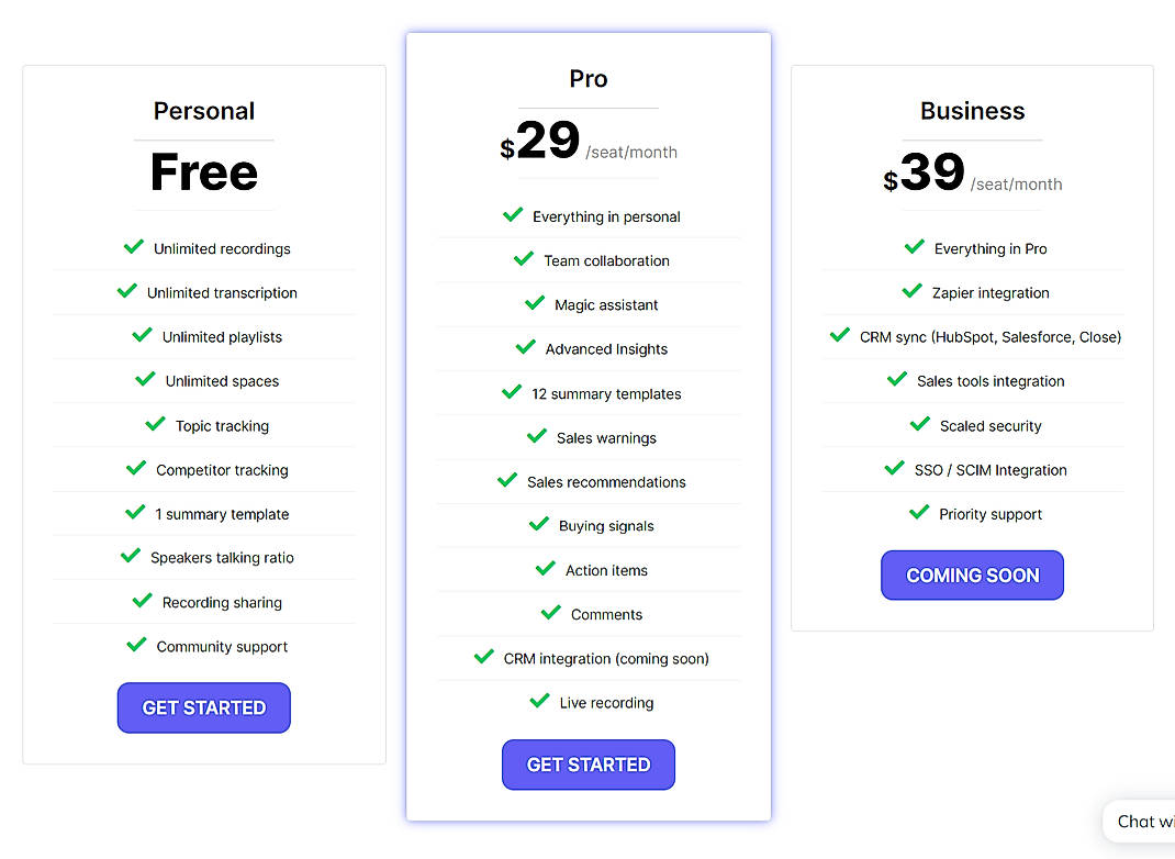 Pricing screenshot