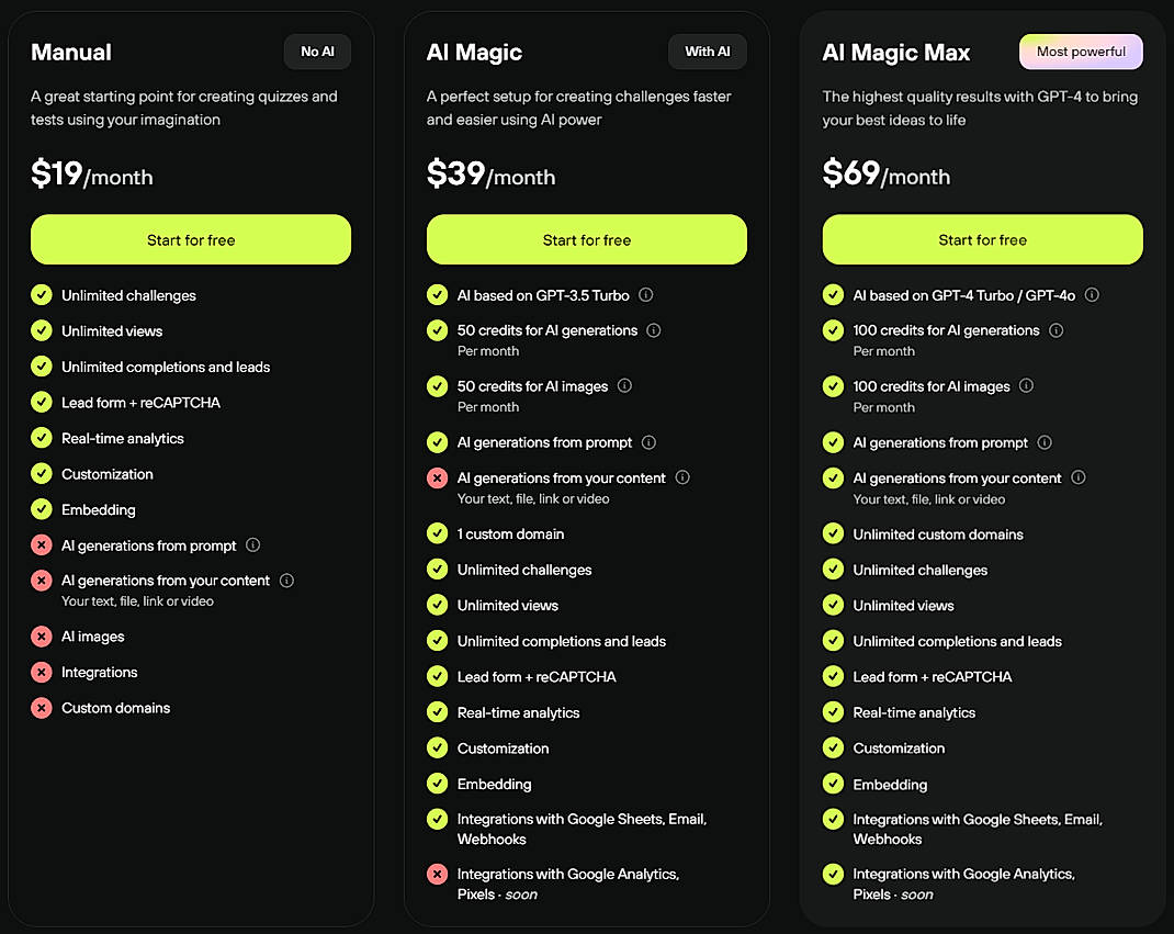 Pricing screenshot