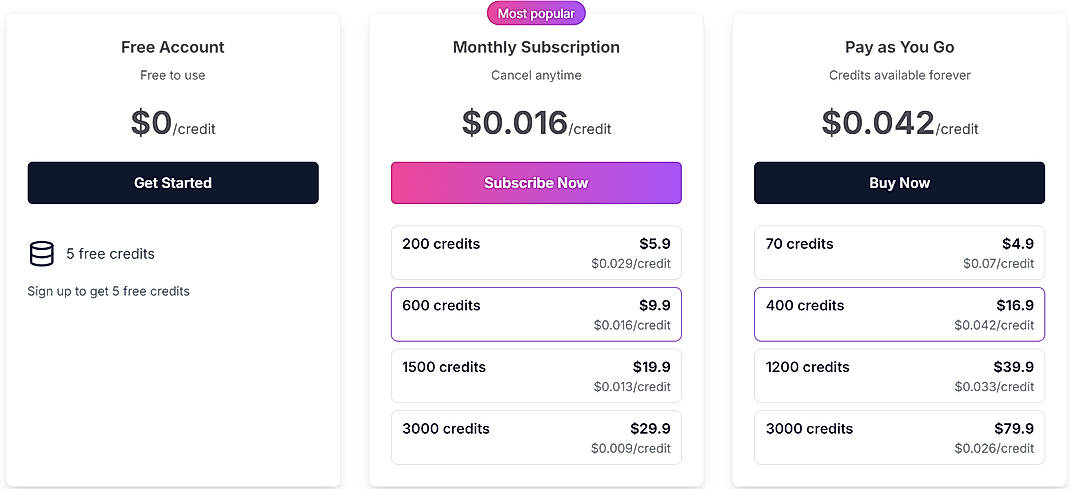 Pricing screenshot