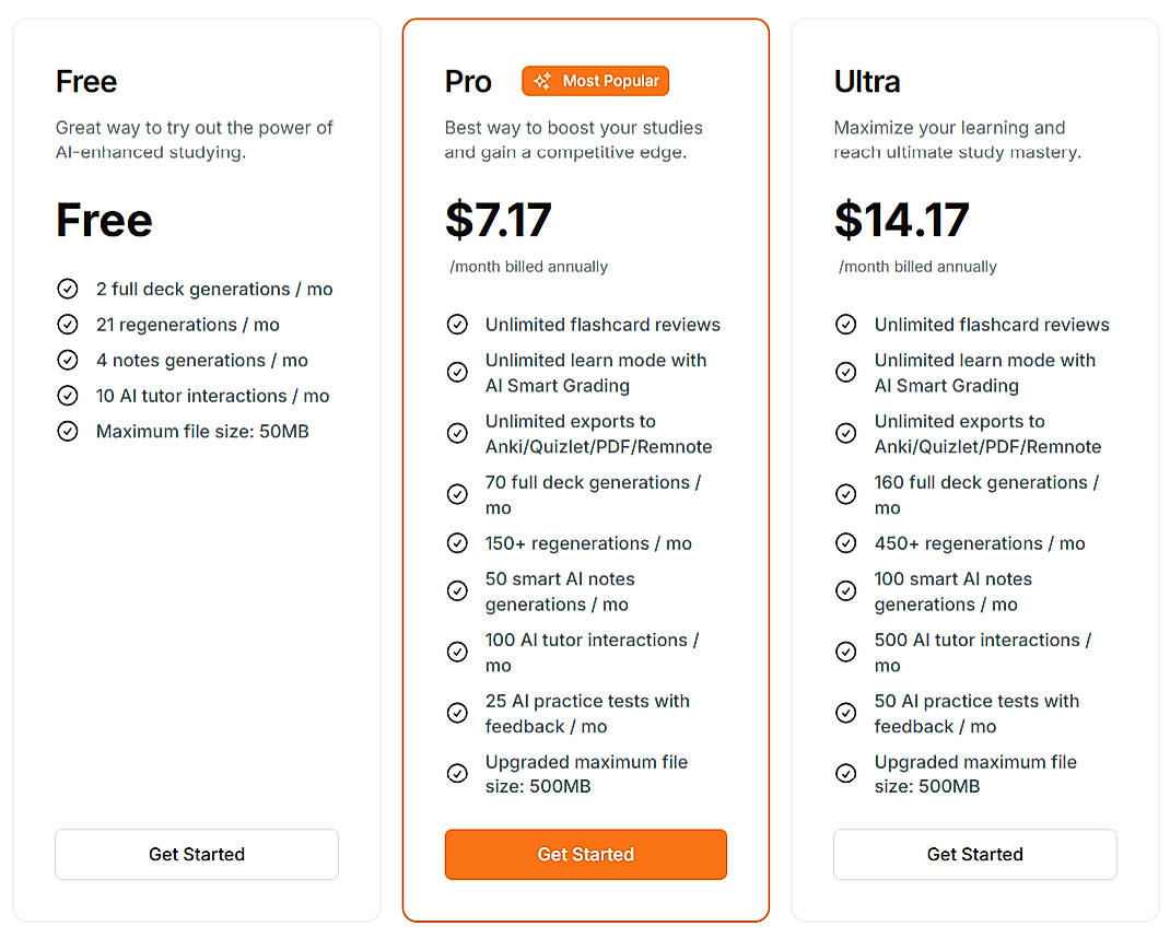 Pricing screenshot