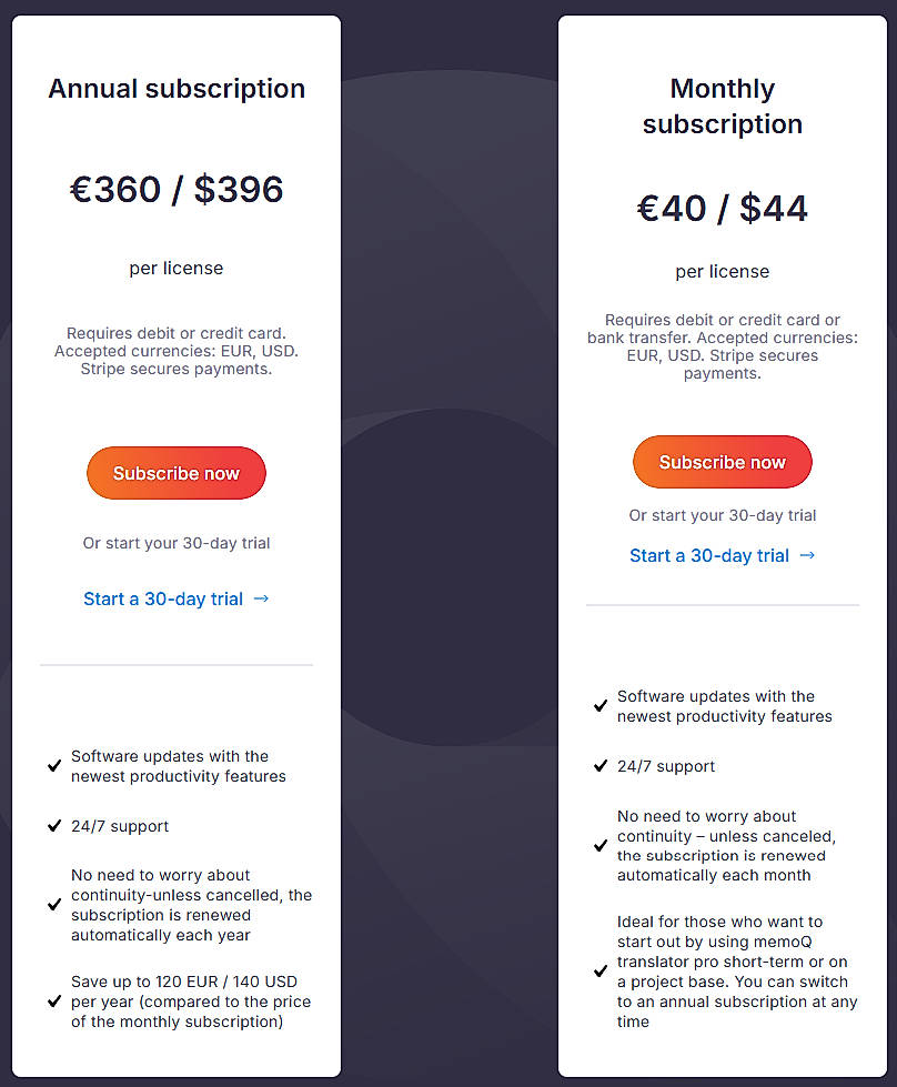 Pricing screenshot