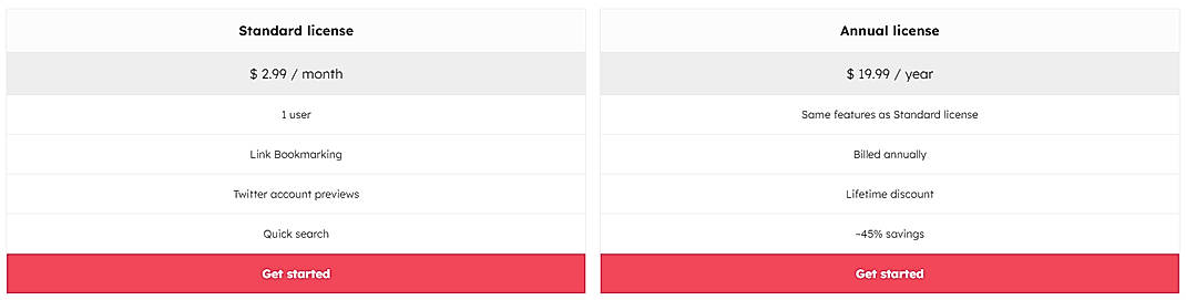 Pricing screenshot
