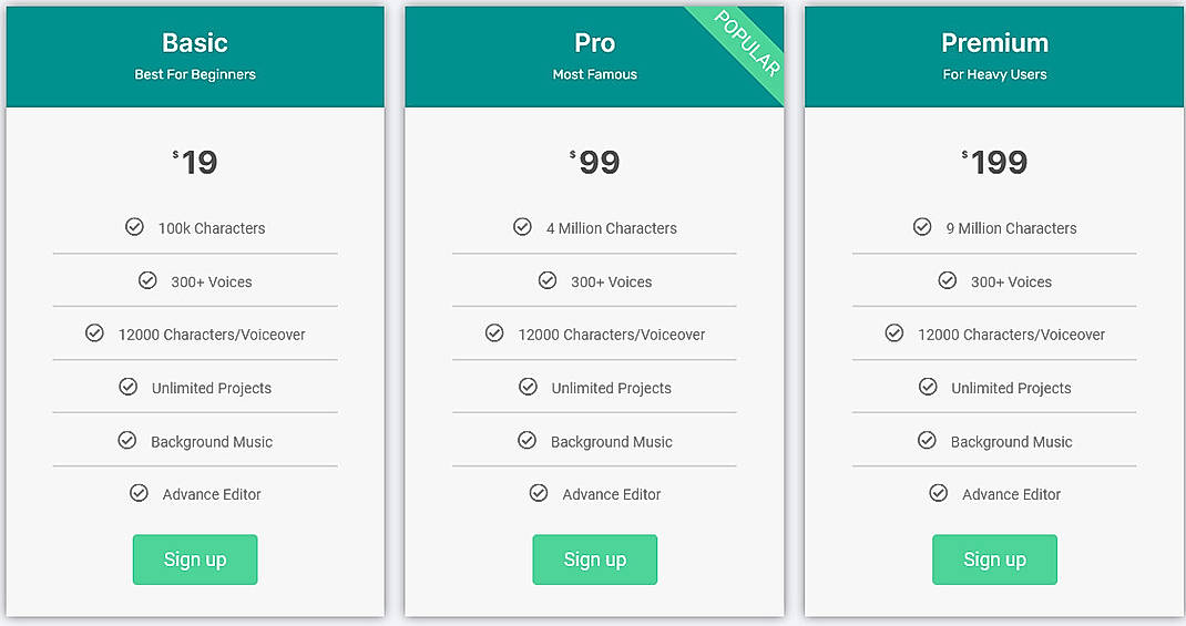 Pricing screenshot