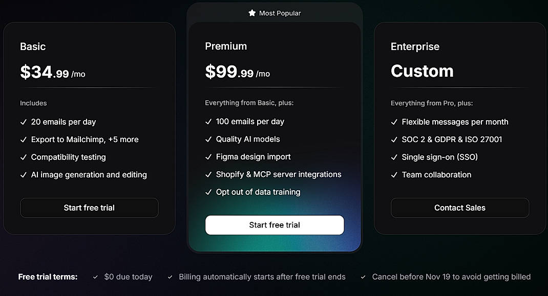 Pricing screenshot