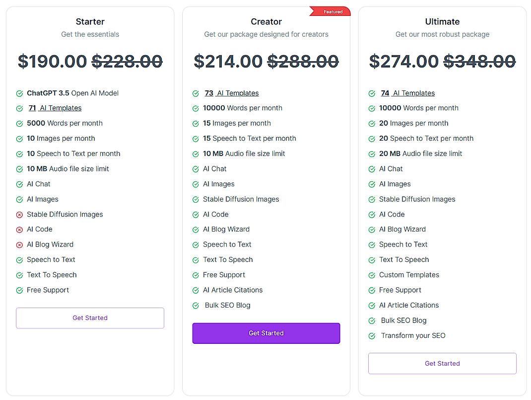 Pricing screenshot