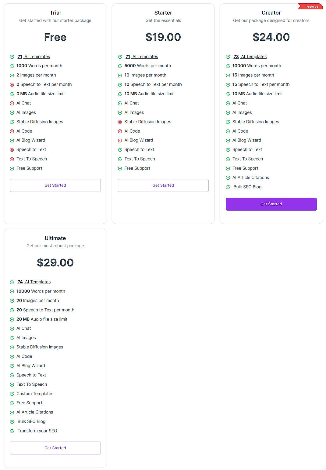 Pricing screenshot
