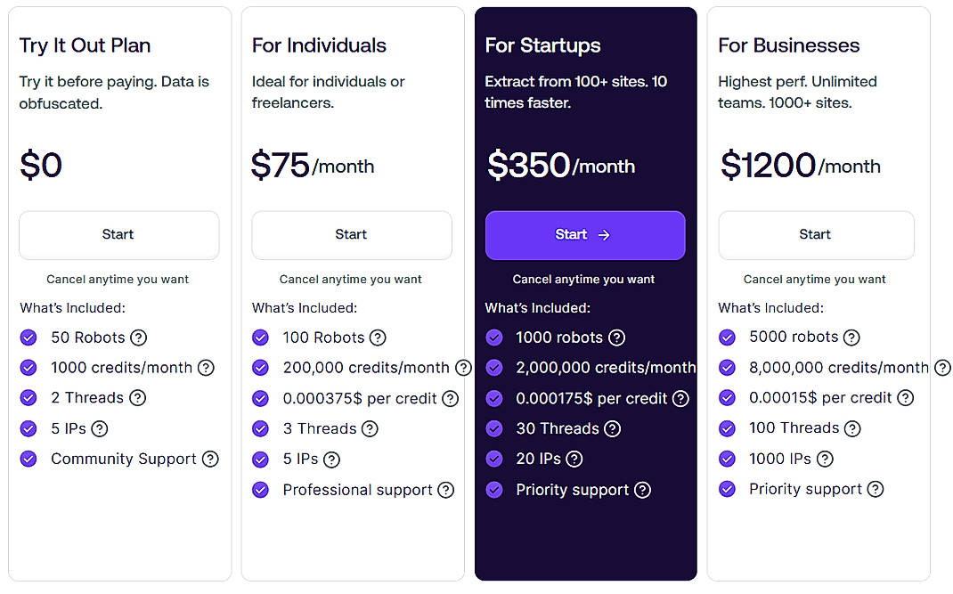 Pricing screenshot