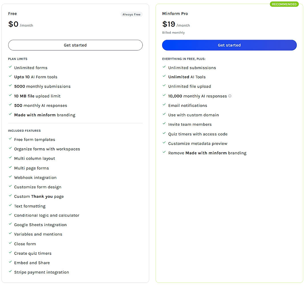 Pricing screenshot